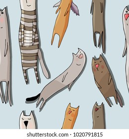 Cute pattern with cats on blue background for notebooks, cards, labels, diary, accessories-school. Seamless pattern. Cute vector cat. Pet. Animals.