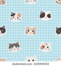 Geräumiges Muster mit Katzen auf blauem, karierten Hintergrund. Vektornahtlose Textur für Kindergewebe, Wickelpapier, Design.