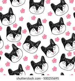 Cute pattern with cats and pink flowers. Vector illustration.