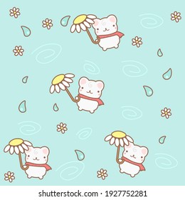 Cute pattern with cats, rain, puddles, umbrellas and flowers on a blue background
