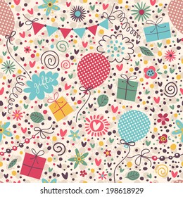 Cute pattern for celebration with balloons, gifts, flowers, streamers and confetti. Celebratory concept.