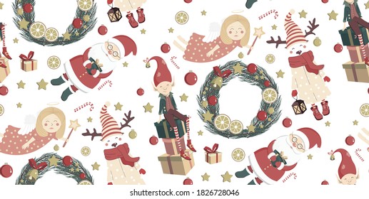 Cute pattern of characters and items Merry Christmas and New Year - Santa Claus, angel, gnome, deer, lantern, cookies, gingerbread man, house, mitten, star, herringbone, toys, wreath, sweets, gifts.