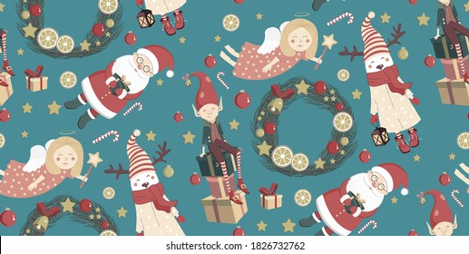 Cute pattern of characters and items Merry Christmas and New Year - Santa Claus, angel, gnome, deer, lantern, cookies, gingerbread man, house, mitten, star, herringbone, toys, wreath, sweets, gifts.