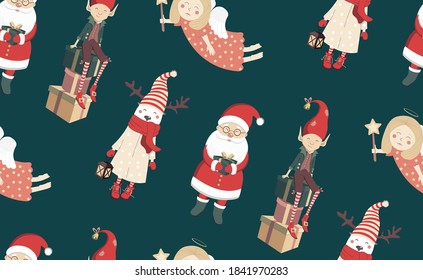 Cute pattern of characters and items Merry Christmas and Happy New Year - Santa Claus, angel, gnome, deer, lantern, gifts.