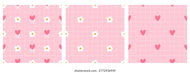 Cute pattern check gingham and pastel spring plaid with seamless. Daisy flowers for springtime background graphic fabric hearts. Chequered or chessboard square through dot.