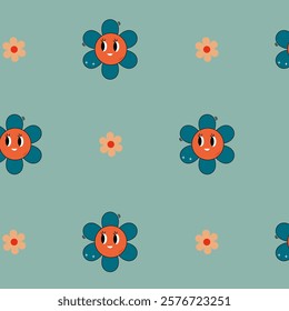  cute pattern with cheerful flowers and hearts in cartoon style