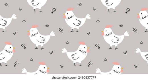 Cute pattern with chicken and doodle flowers