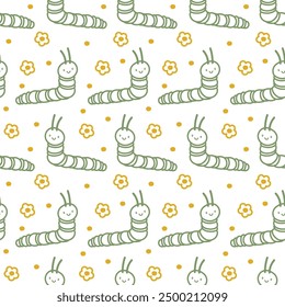 Cute pattern for childrens clothing and products, with cartoon caterpillars and flowers. Green characters and yellow flowers. For textile, card, banners, books, prints, wrapping, fabric, wallpaper. 