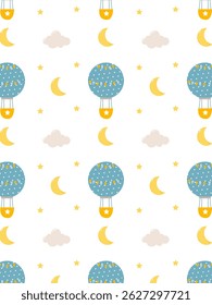 Niedliches Muster für Kinder mit einem Heißluftballon am Himmel mit Wolken und Mond
