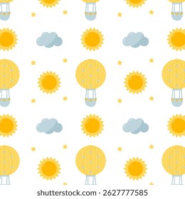 Cute pattern for children's with a hot air balloon in the sky with clouds and sun