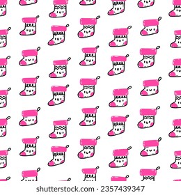 Cute pattern with Christmas socks. Vector seamless pattern with kawaii Christmas socks on white background. Print for packaging