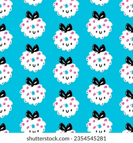 Cute pattern with Christmas wreaths. Vector seamless pattern with kawaii Christmas wreaths on blue background. Print for packaging