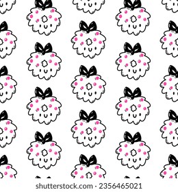 Cute pattern with Christmas wreaths. Vector seamless pattern with kawaii Christmas wreaths on white background. Print for packaging