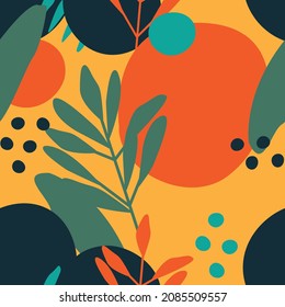 Cute pattern with  circle and dots background. Colorful minimalistic plants . Stylish hipster print for clothing or bedding. Suitable for posters, cards and gift paper wrapping. Eps 10