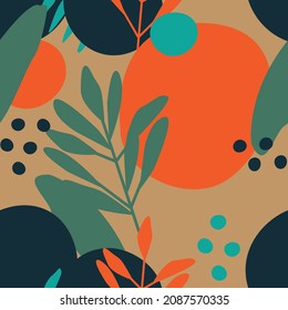Cute pattern with  circle and dots background. Colorful minimalistic plants . Stylish hipster print for clothing or bedding. Suitable for posters, cards and gift paper wrapping. Eps 10