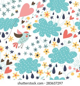 Cute pattern with clouds, birds, flowers and hearts. Seamless background for your design.