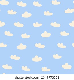 Cute pattern with clouds on light blue. Kids nursery pattern with clouds in hand drawn style