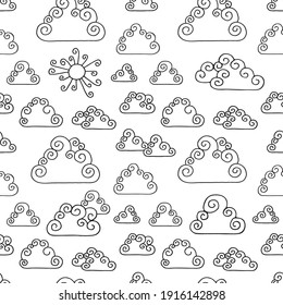 Cute pattern of clouds and sun. Drawn in the Doodle style. Background for textiles, cards, covers and postters. Vector EPS 10