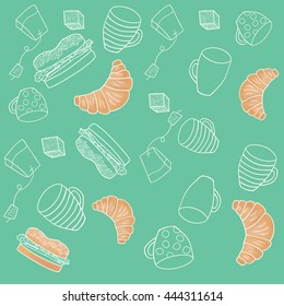 Cute pattern with coffee and croissant