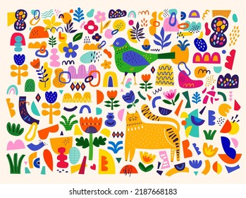 Cute pattern collection with cat and bird. Decorative abstract horizontal banner with colorful doodles and shapes. Hand-drawn modern illustrations with cat, flowers, abstract elements