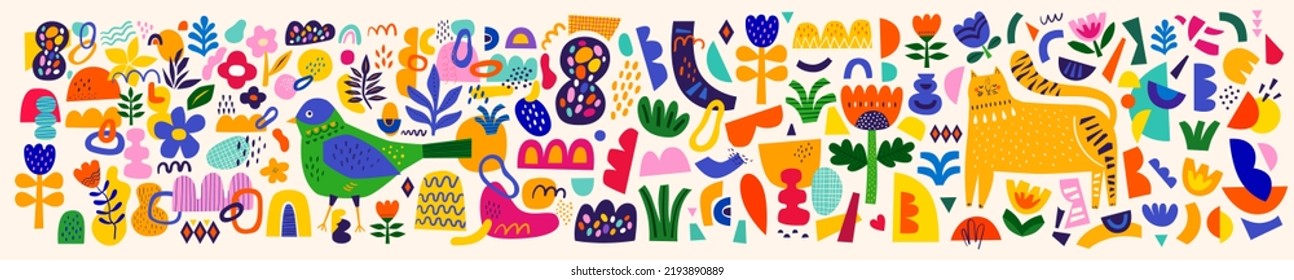 Cute pattern collection with cat and bird. Decorative abstract horizontal banner with colorful doodles and shapes. Hand-drawn modern illustrations with cat, flowers, abstract elements