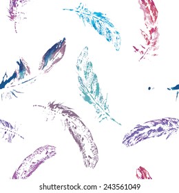 cute pattern of colored feathers painted in watercolor