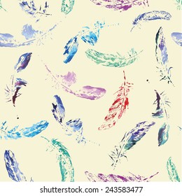 cute pattern of colored feathers painted in watercolor