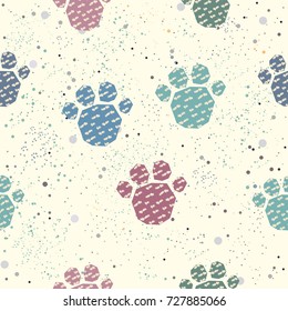 Cute Pattern with colorful dog paws on beige background with tiny dots. Hand Drawn Design. Great for wall art design, gift paper, wrapping, fabric, textile, etc.