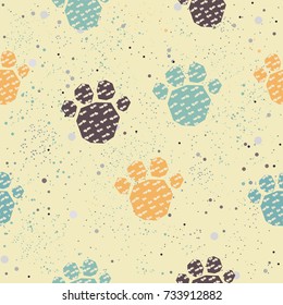 Cute Pattern with colorful dog paws on beige background with tiny dots. Hand Drawn Design. Great for wall art design, gift paper, wrapping, fabric, textile, etc.