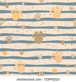 Cute Pattern with colorful dog paws on beige background with tiny dots. Hand Drawn Design. Great for wall art design, gift paper, wrapping, fabric, textile, etc.