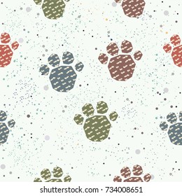 Cute Pattern with colorful dog paws on beige background with tiny dots. Hand Drawn Design. Great for wall art design, gift paper, wrapping, fabric, textile, etc.