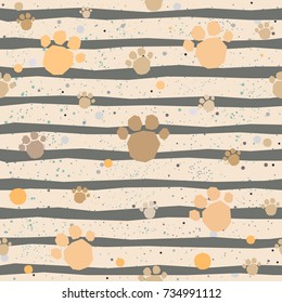 Cute Pattern with colorful dog paws on beige background with tiny dots. Hand Drawn Design. Great for wall art design, gift paper, wrapping, fabric, textile, etc.