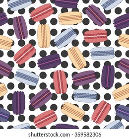 Cute pattern with colorful macaroon cookies with circles. Delicious macaroon dessert background. Fresh bakery. Vector French sweets illustration for bakery shop advertising, invitation, valentine card