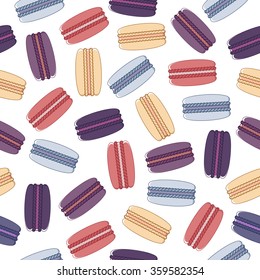 Cute pattern with colorful macaroon cookies with circles. Delicious macaroon dessert background. Fresh bakery. Vector French sweets illustration for bakery shop advertising, invitation, valentine card