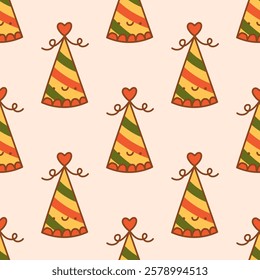 Cute pattern with colorful party hat. Kawaii hat with a heart. Element for print, texture, fabric, wrap. Vector illustration on a isolated background