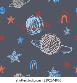 Cute pattern with colorful planets, stars in space. Pastel blue doodle cosmos. Textiles for baby, paper scrapbook, kids.