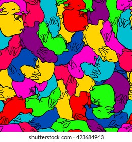 Cute pattern with colorful rabbits. Seamless pattern can be used for wallpapers, pattern fills, web page backgrounds, surface textures, textiles.