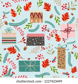 Cute pattern of colorful sweet green and red wild floral flower and present gift seamless background,illustration vector by freehand doodle comic art,botanical tropical vintage style