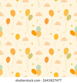 Cute pattern with colourful balloons, stars and clouds on a ligh creamy background. Ideal for wallpaper, stationery, bedding, cover, books, card, children's textiles