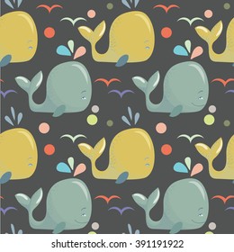 The cute pattern with colourful whales on a dark grey background