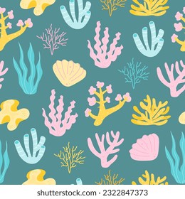 Cute pattern with corals and seaweed or algae