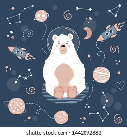 Cute pattern with cosmic polar bear. Planets, stars, constellations, rockets, comets. Vector childrens background. Printing on fabric, paper, wallpaper, clothes.