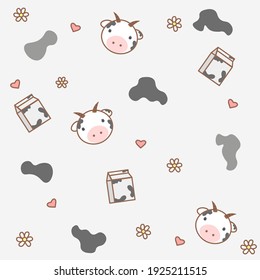 Cute pattern with cows, milk, flowers and hearts
