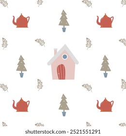 cute pattern with a cozy Christmas house, Christmas trees and a red kettle on a white background