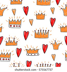 Cute pattern with crowns and hearts in cartoon style on white background. Vector illustration.