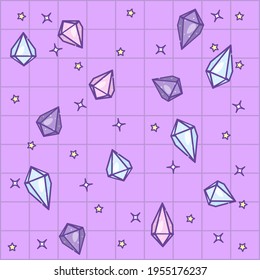 Cute pattern with crystals on a purple background with a square grid.