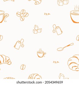 cute pattern cup of coffee,tea croissant spoon and sugar