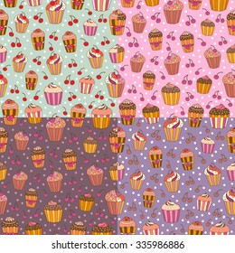 Cute pattern with cupcakes in 4 colors