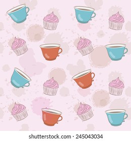 cute pattern with cupcakes and colorful tea cups