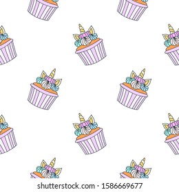Cute pattern with cupcakes. Hand drawn pattern of cupcakes decorated with unicorn horns and cream on white background. Vector 8 EPS.